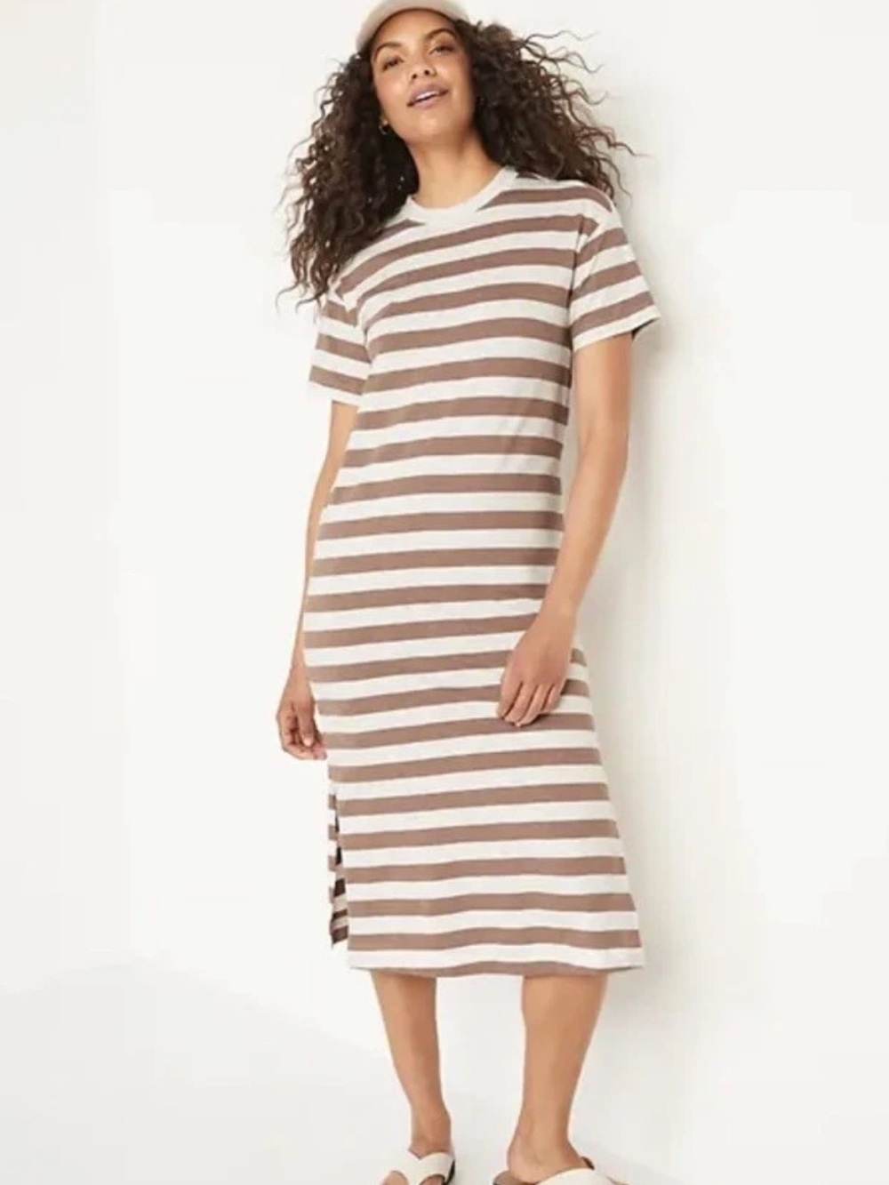 Old Navy Brown White Striped T-Shirt Midi Dress Short Sleeve Side Slit Size M